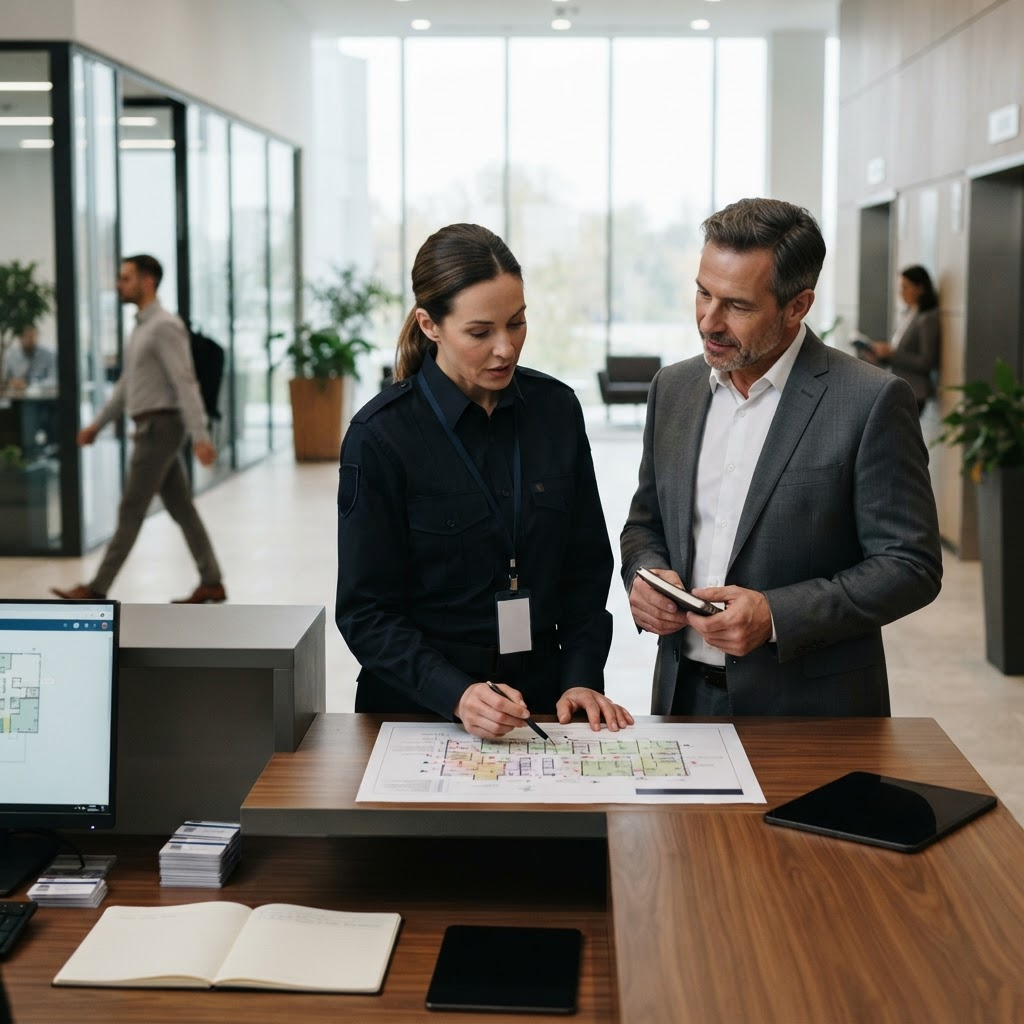 A commercial property security supervisor and property manager reviewing access operations at an office reception desk.