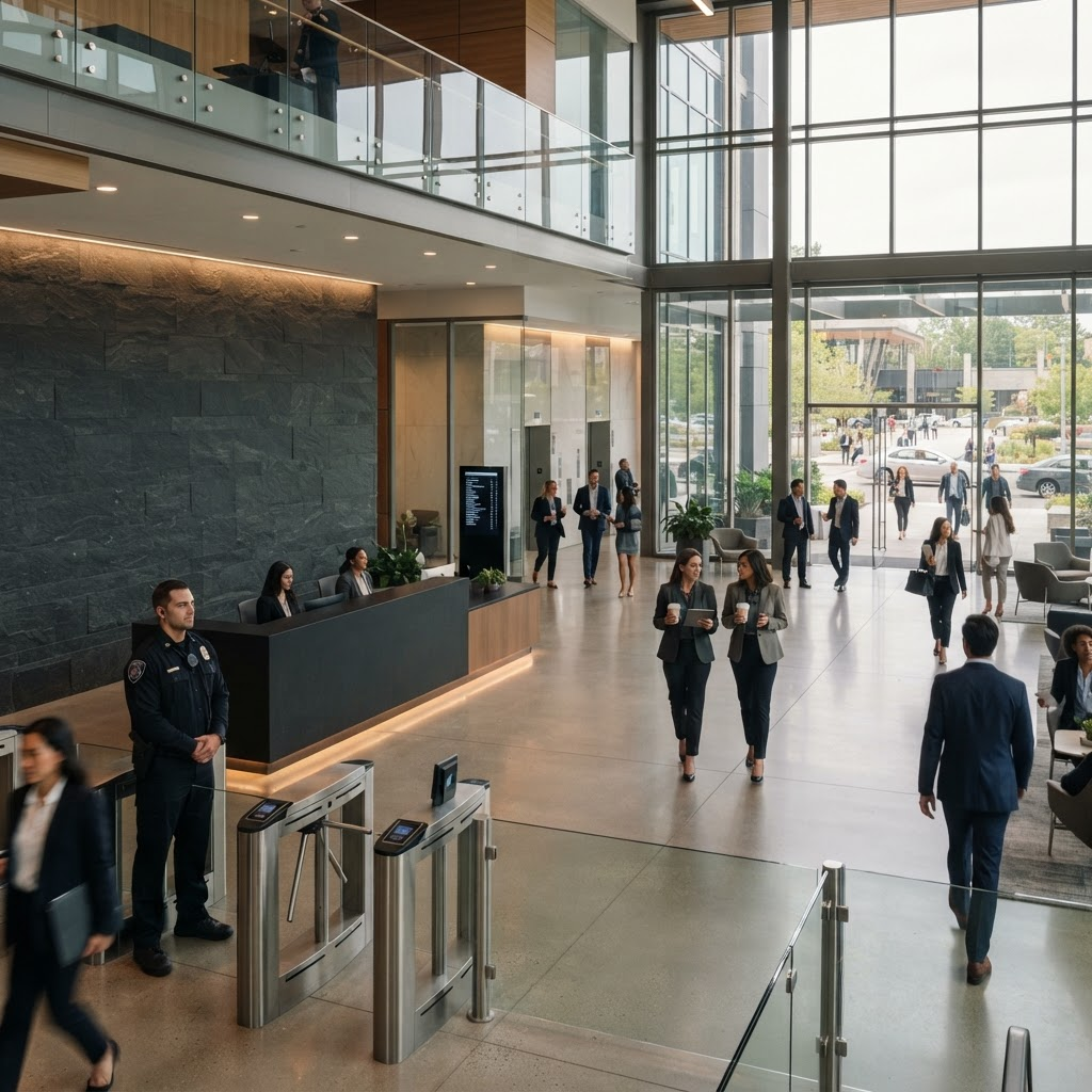 A professional security officer overseeing tenant and visitor access at a modern commercial property entrance.