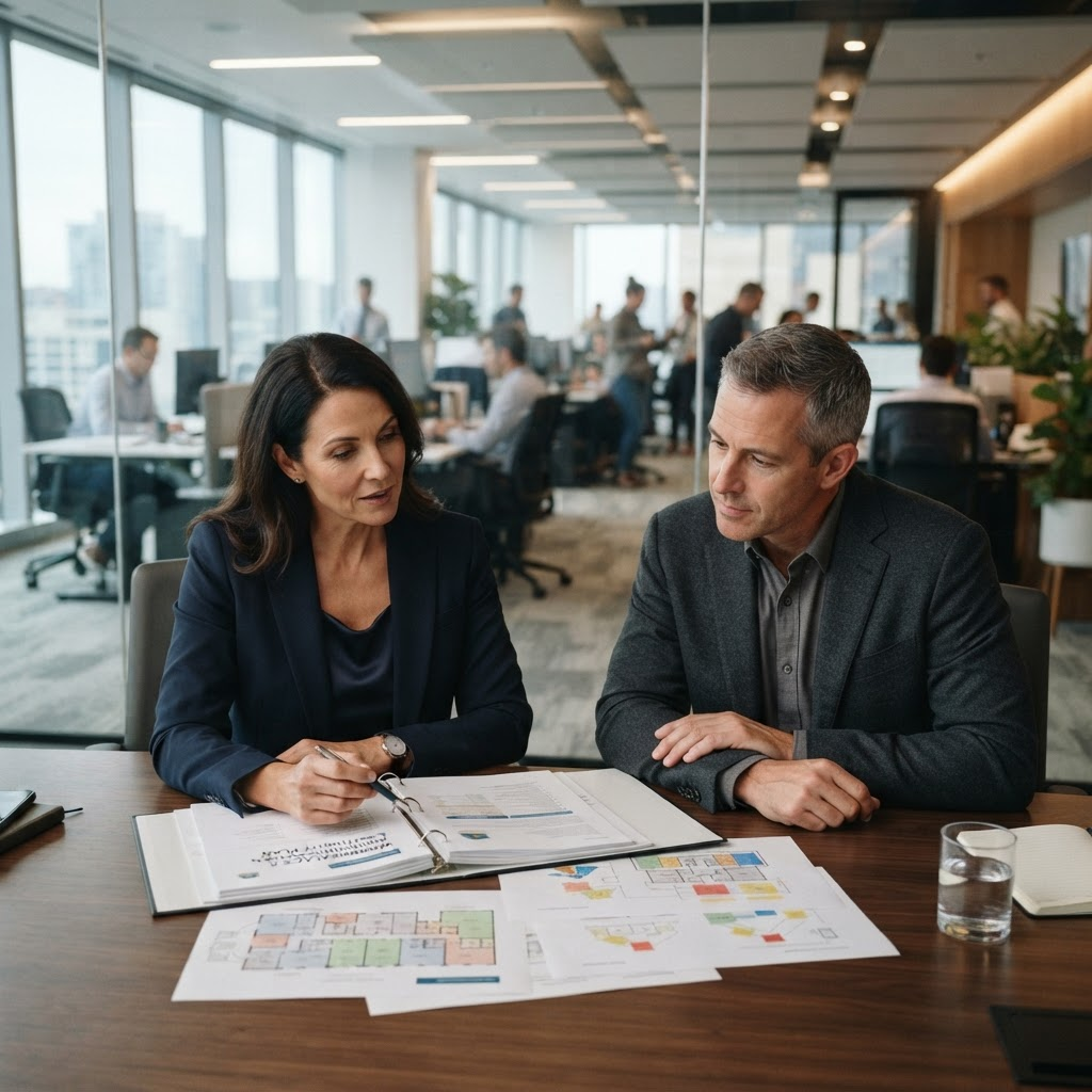 A corporate security director and operations leader reviewing a workplace protection and continuity plan.