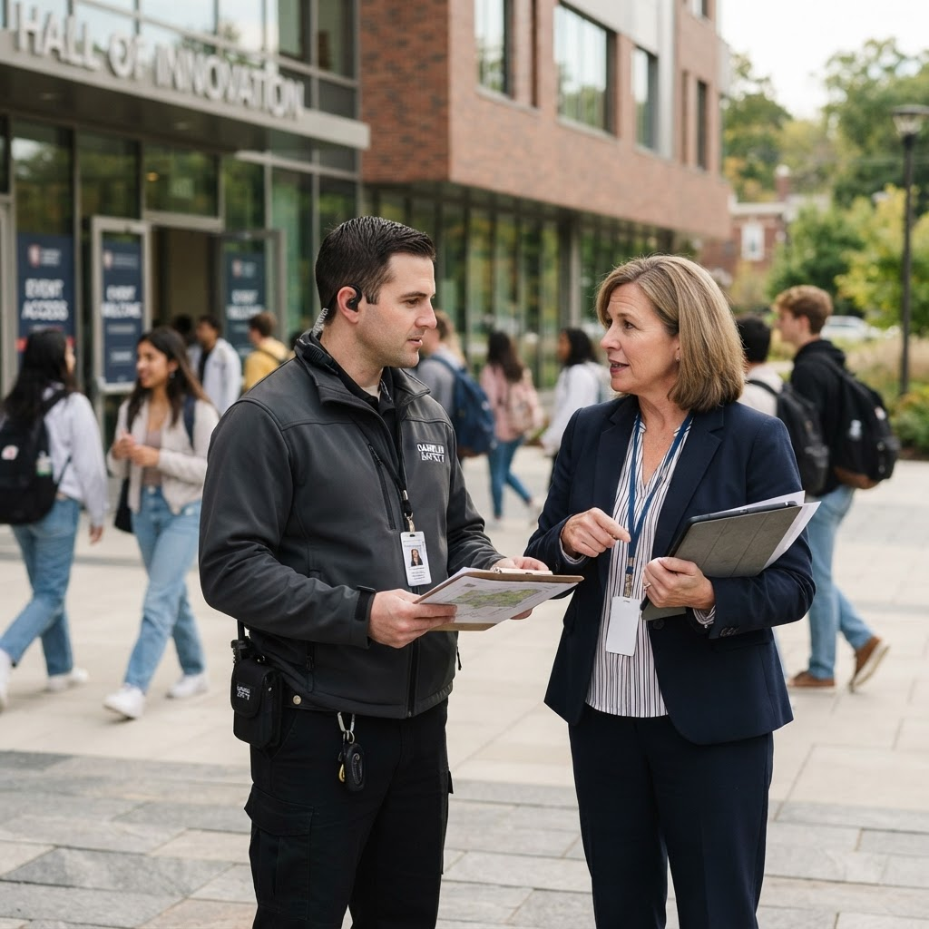 A campus administrator and security coordinator reviewing facility access and event readiness outside an education building.