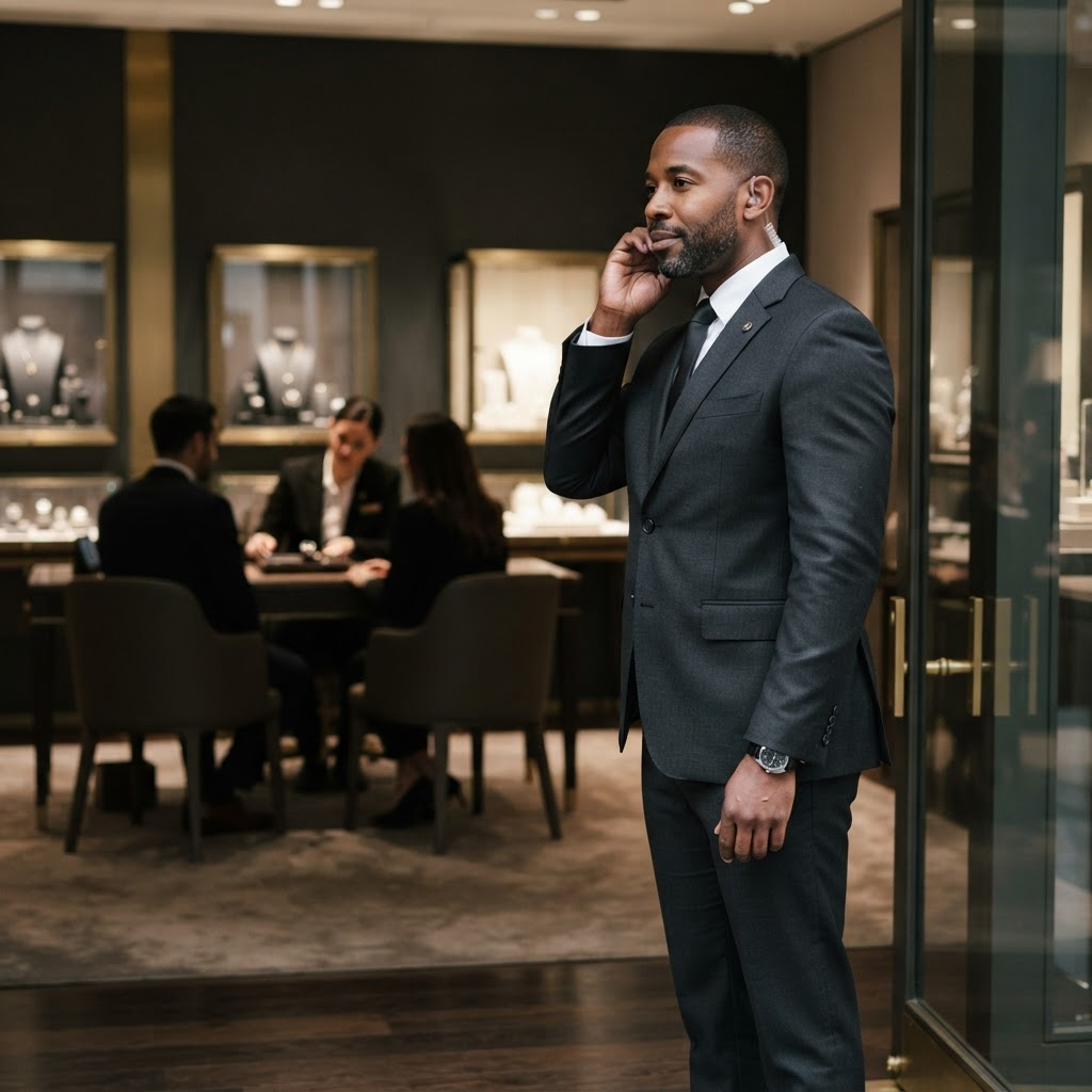 A black-suited security professional coordinating discreet access inside a premium jewelry boutique.