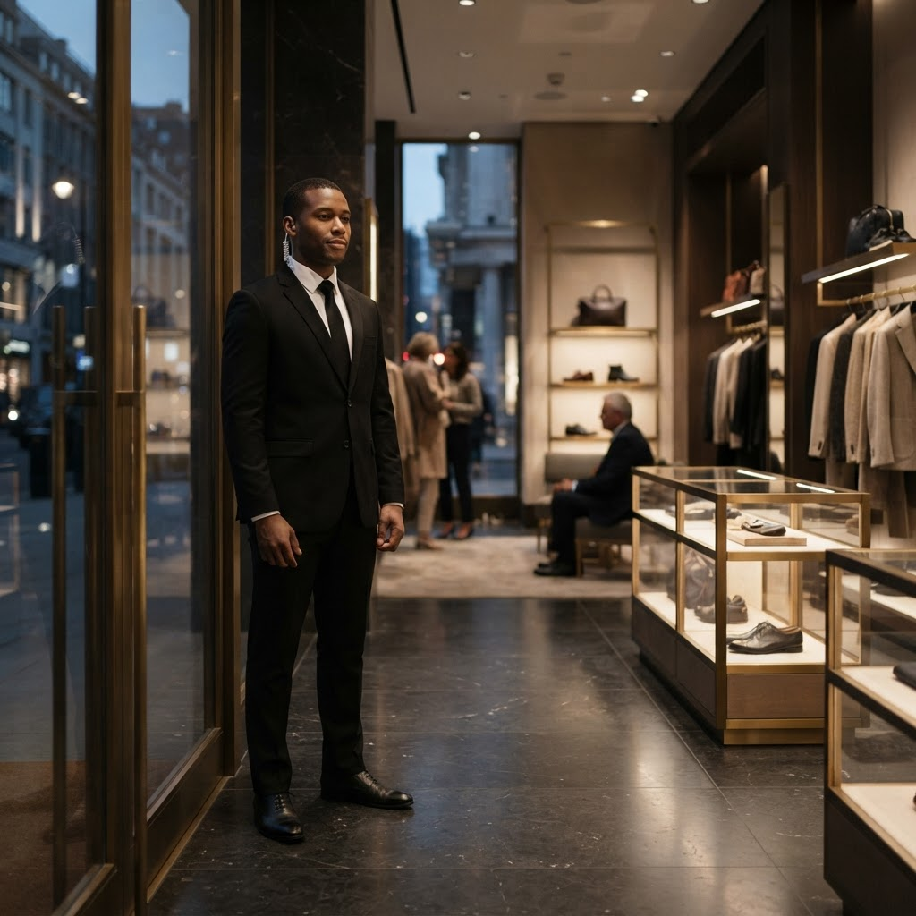 A black-suited security professional maintaining a discreet presence at the entrance of a luxury boutique.