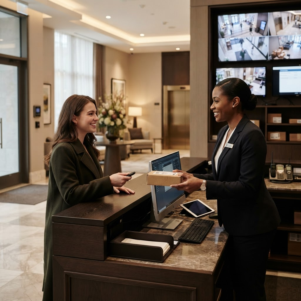 A residential concierge security professional assisting a resident while monitoring guest and delivery flow.