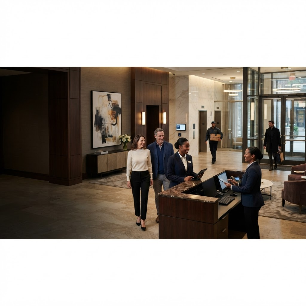 A hospitality-trained residential security professional welcoming residents and managing guest access in an upscale condominium lobby.