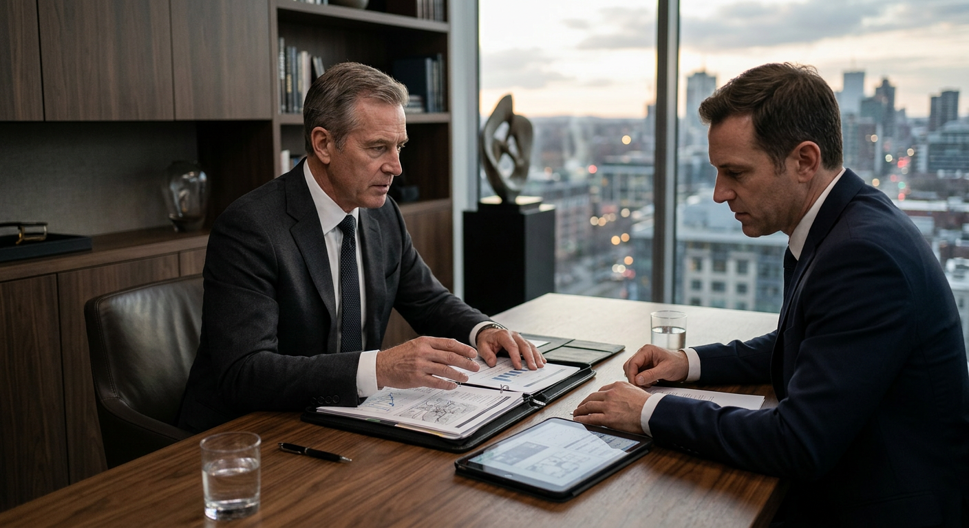 An HPG security advisor reviewing a protection briefing with an executive client in a private office