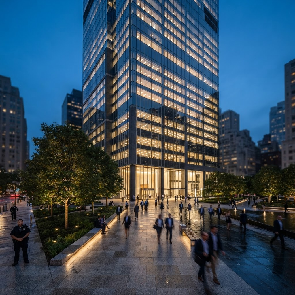 A landmark commercial office tower and public plaza at blue hour with a professional security presence.