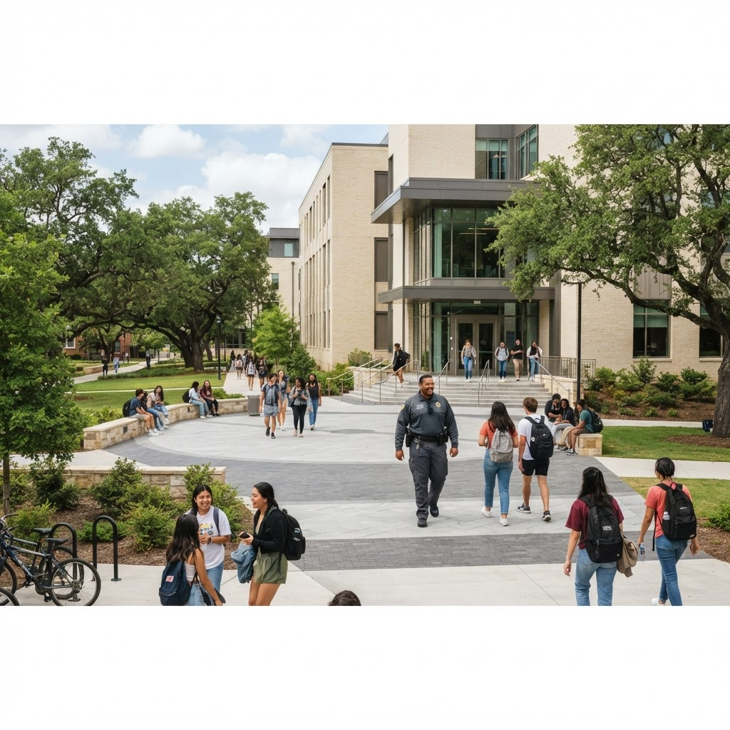 A contemporary university campus quad with an approachable campus safety professional in the middle distance.
