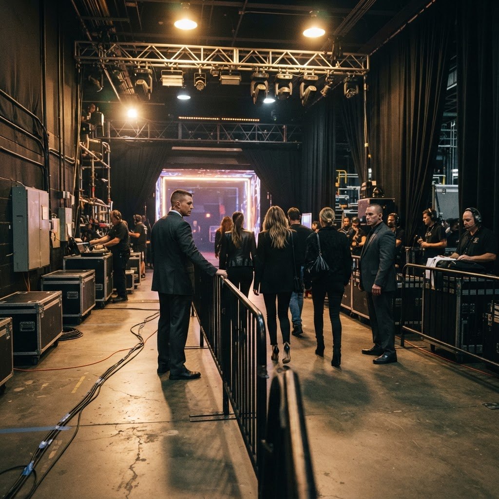 A controlled backstage entrance at an entertainment venue with a discreet protective team coordinating movement.