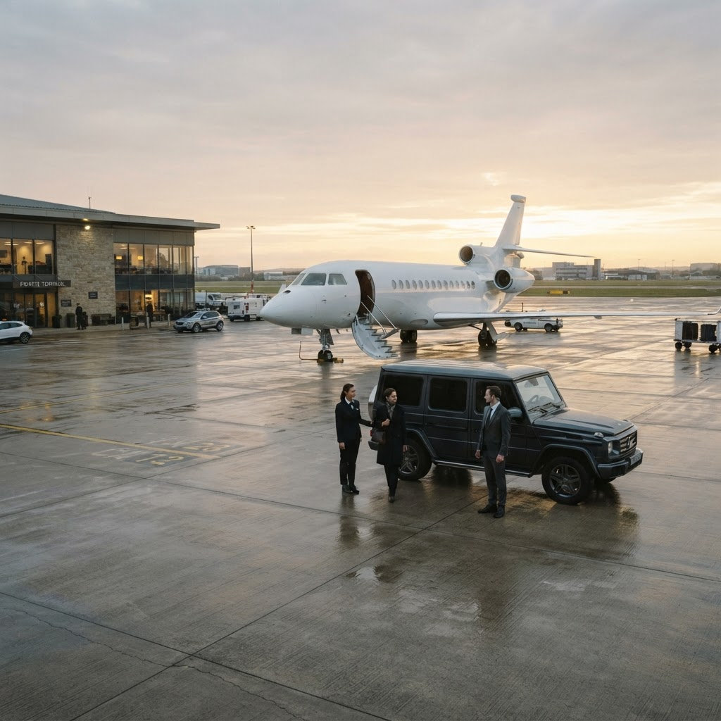 A private aviation terminal ramp at dawn with a discreet protective professional coordinating a vehicle arrival.