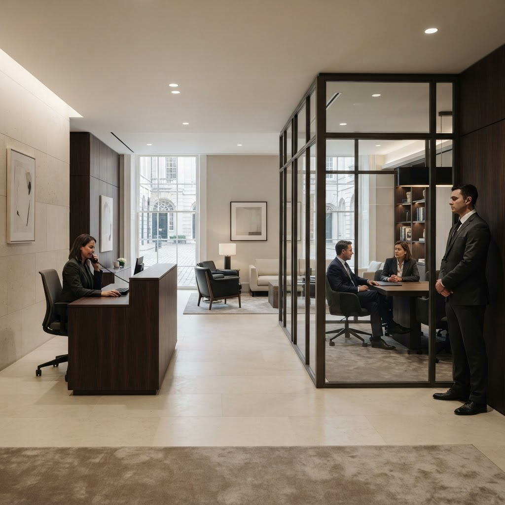 A discreet family office reception in a refined private building with understated protective presence.