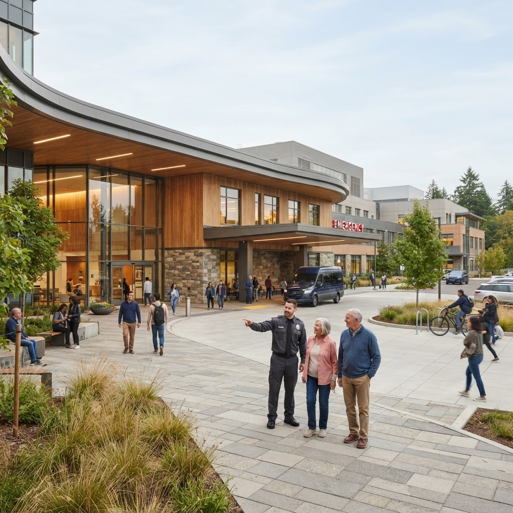 A contemporary healthcare campus entrance with a calm professional security presence assisting wayfinding.