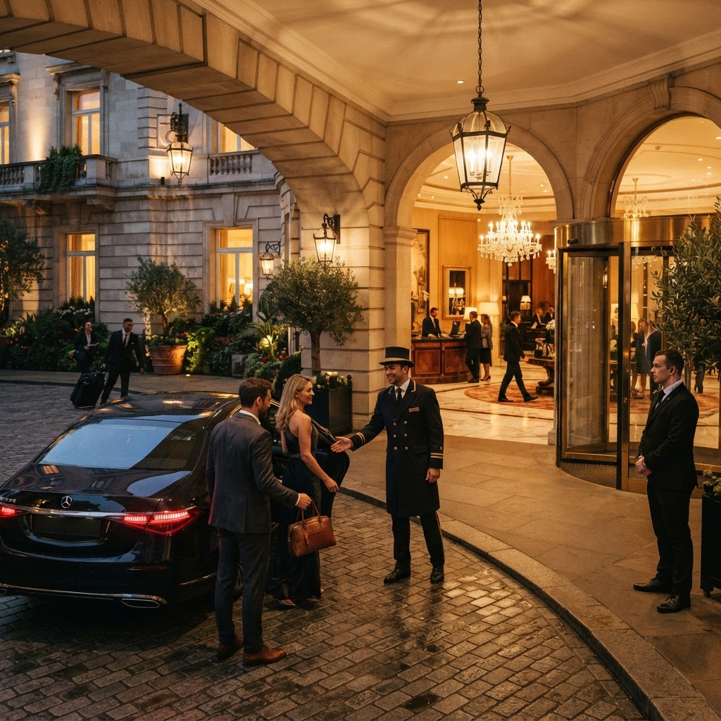 An elegant luxury hotel arrival court in the evening with a welcoming doorman and discreet security coordination.