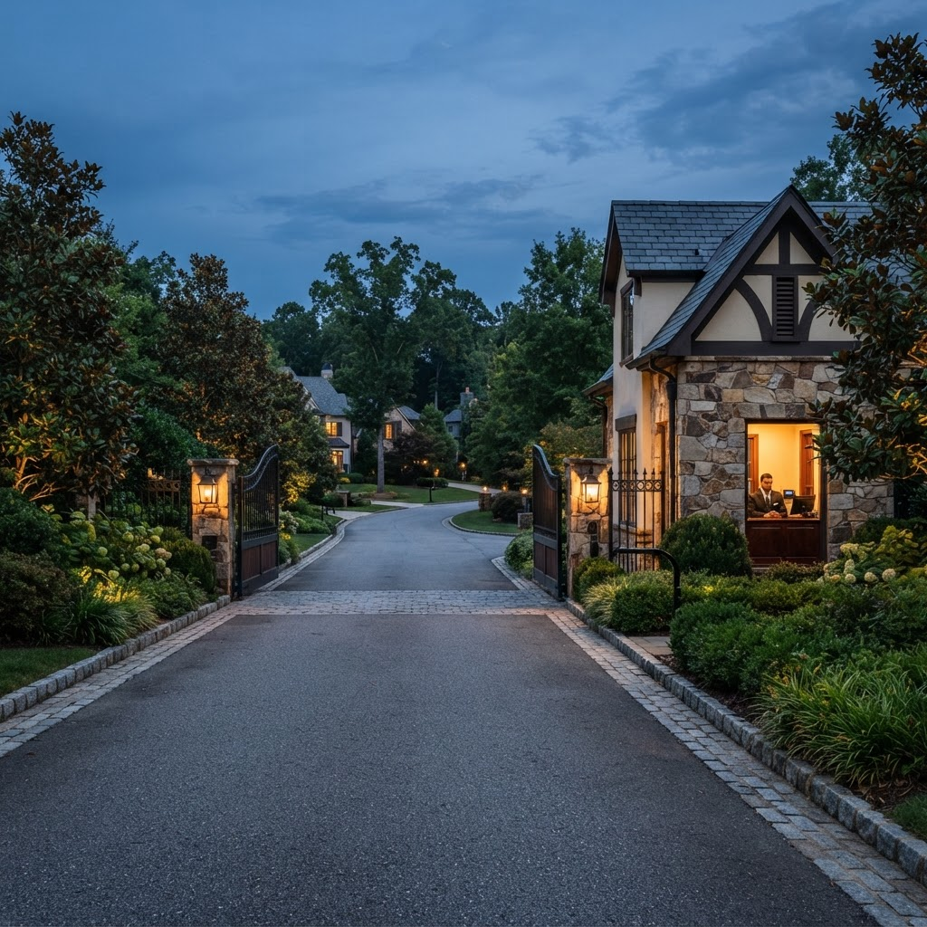 A gated luxury residential community entrance at dusk with a discreet concierge security presence.