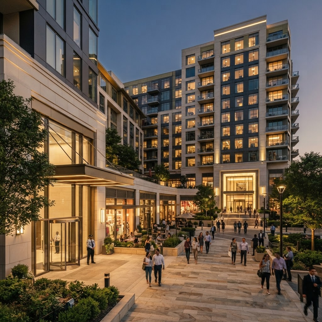 A mixed-use development combining residences, retail plaza, and office entrance at dusk with layered pedestrian activity.