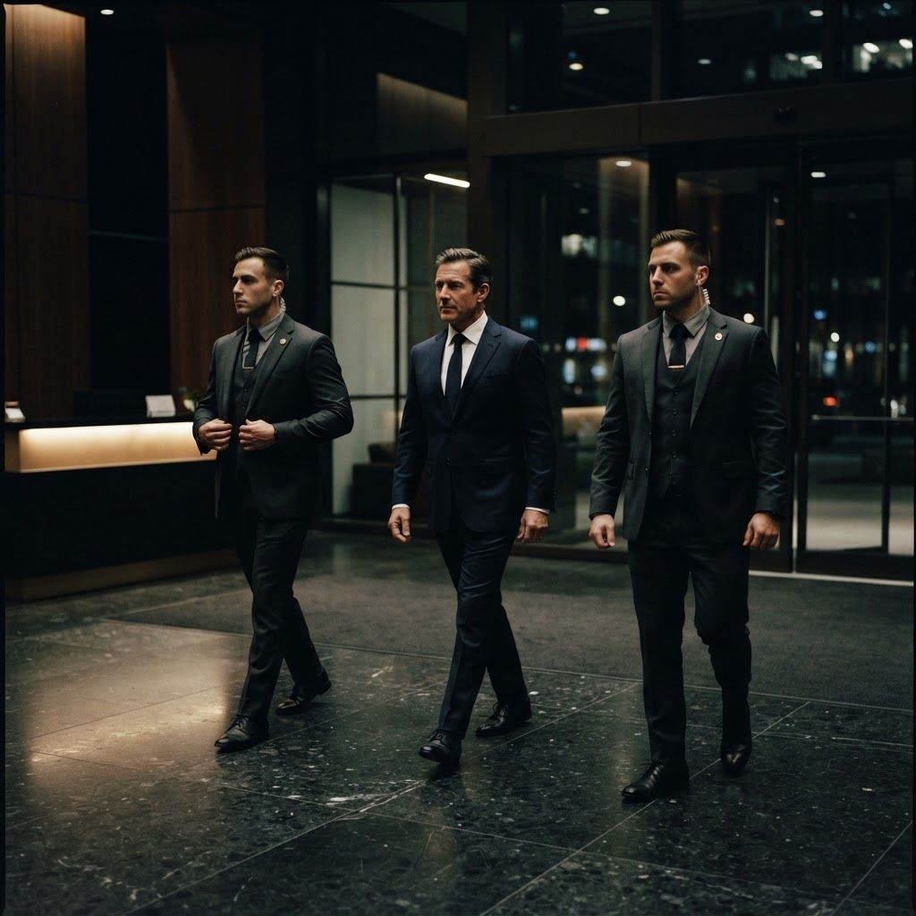 Executive protection detail escorting a principal through a building entrance at night