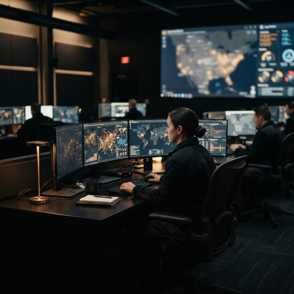 Analysts monitoring risk dashboards and a live map inside an intelligence operations center