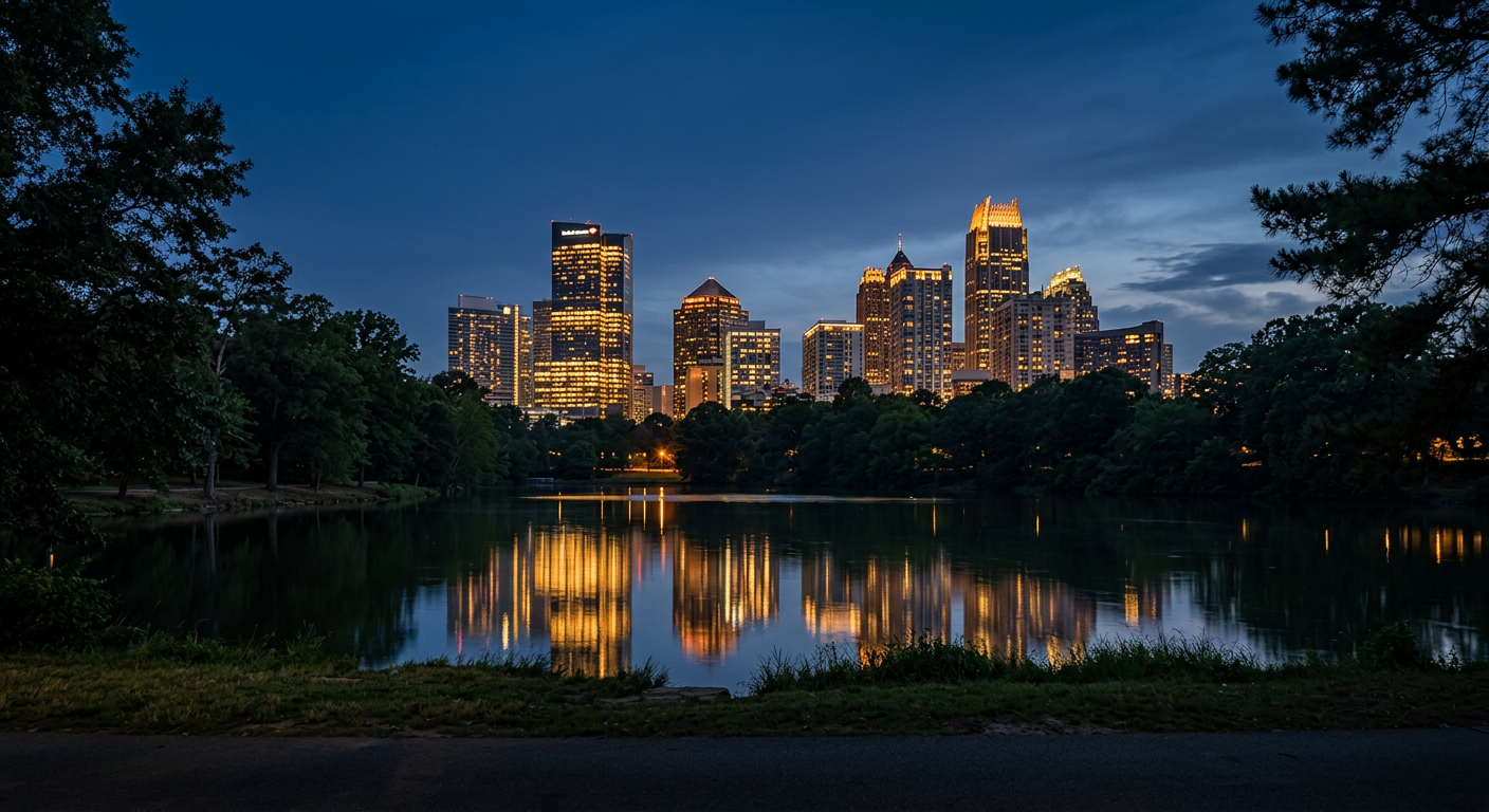 Midtown Atlanta skyline at dusk seen across the lake in Piedmont Park