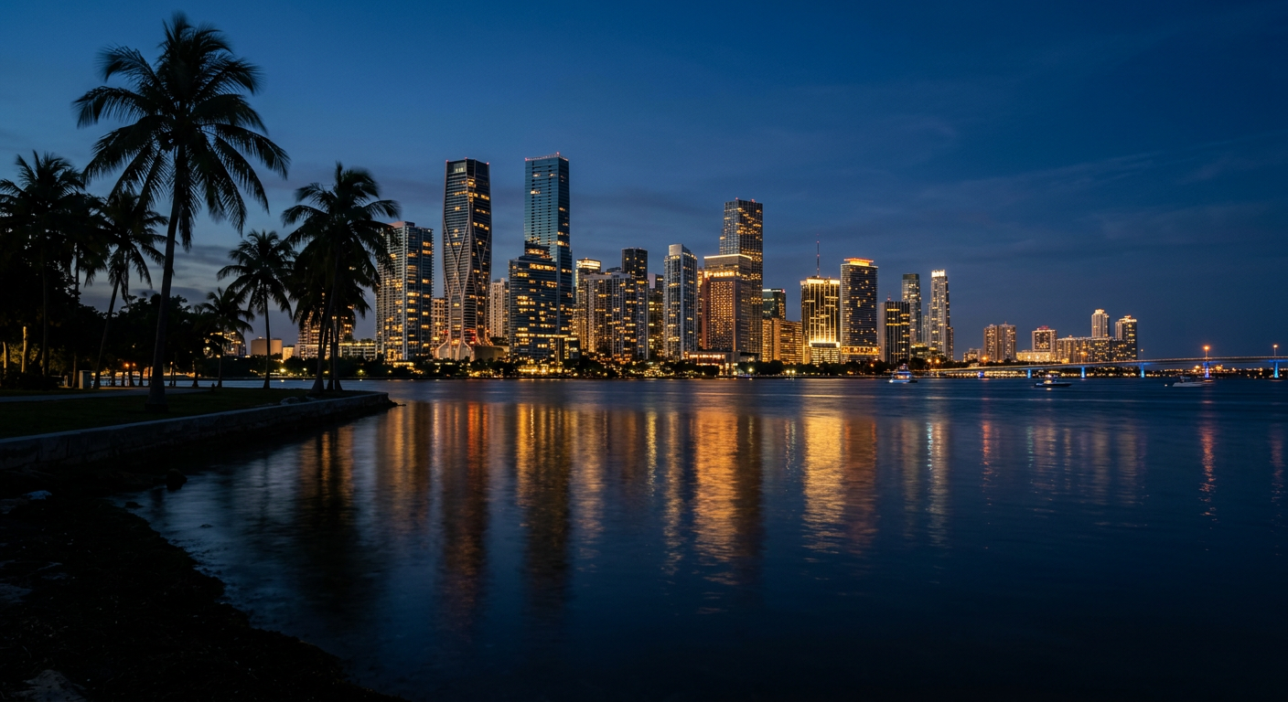 Miami, Florida waterfront skyline at dusk across Biscayne Bay