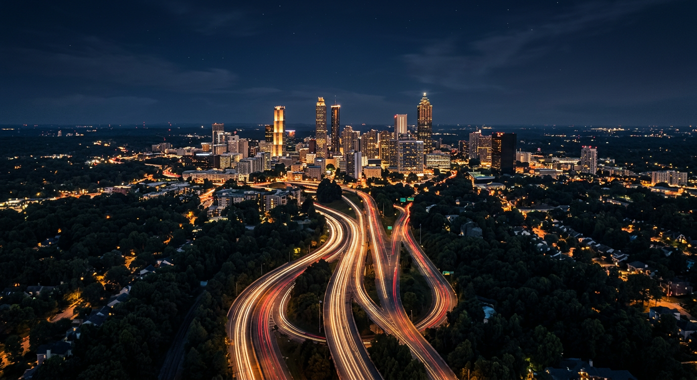 Aerial view of downtown Atlanta, Georgia at night with highway light trails