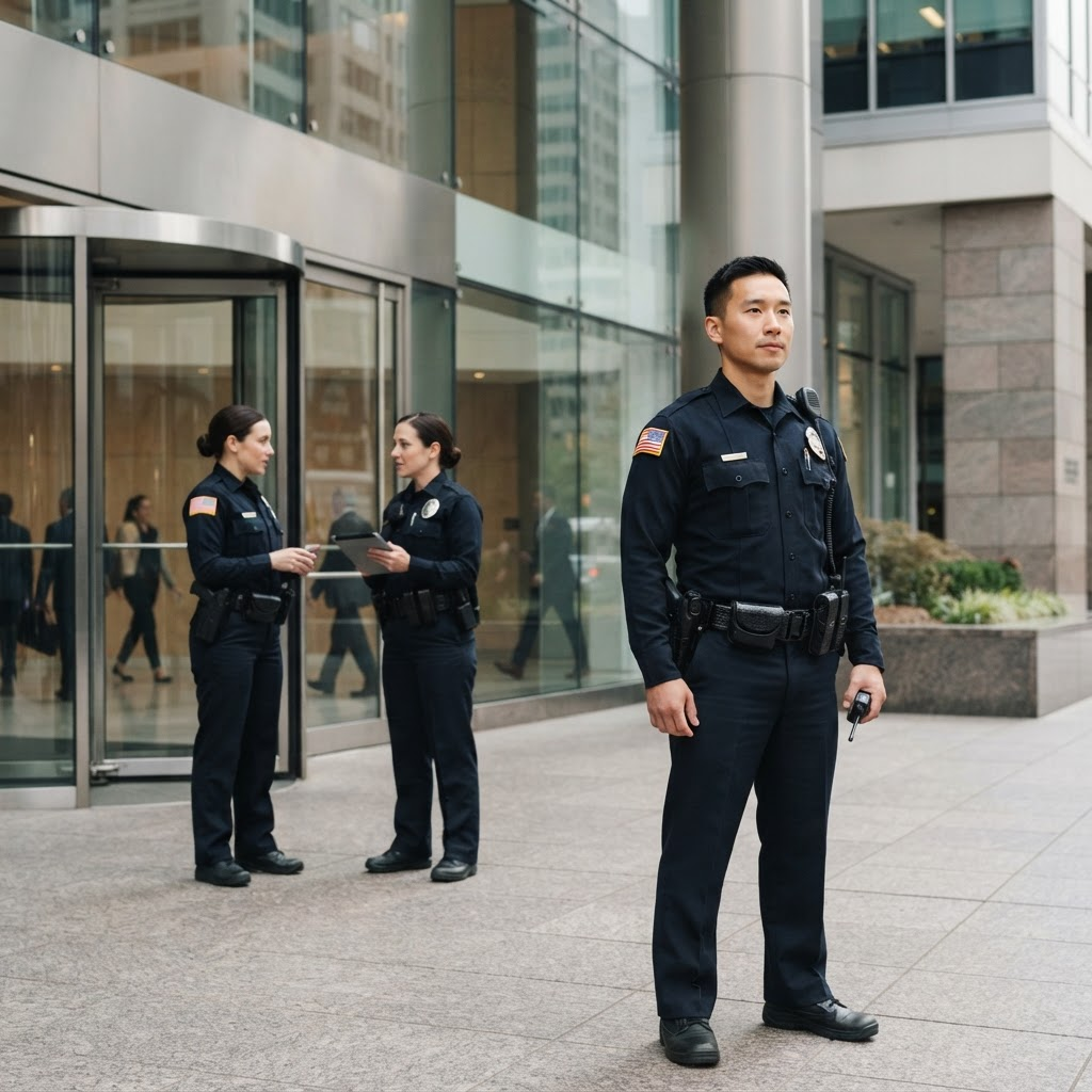 Two uniformed police officers providing a visible law-enforcement presence outside a commercial property entrance.